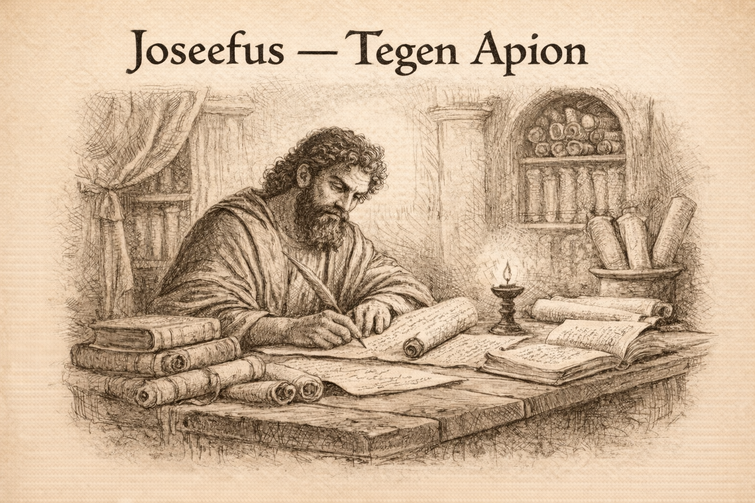 Getekende verbeelding van Joseefus die tussen boekrollen aan Tegen Apion schrijft